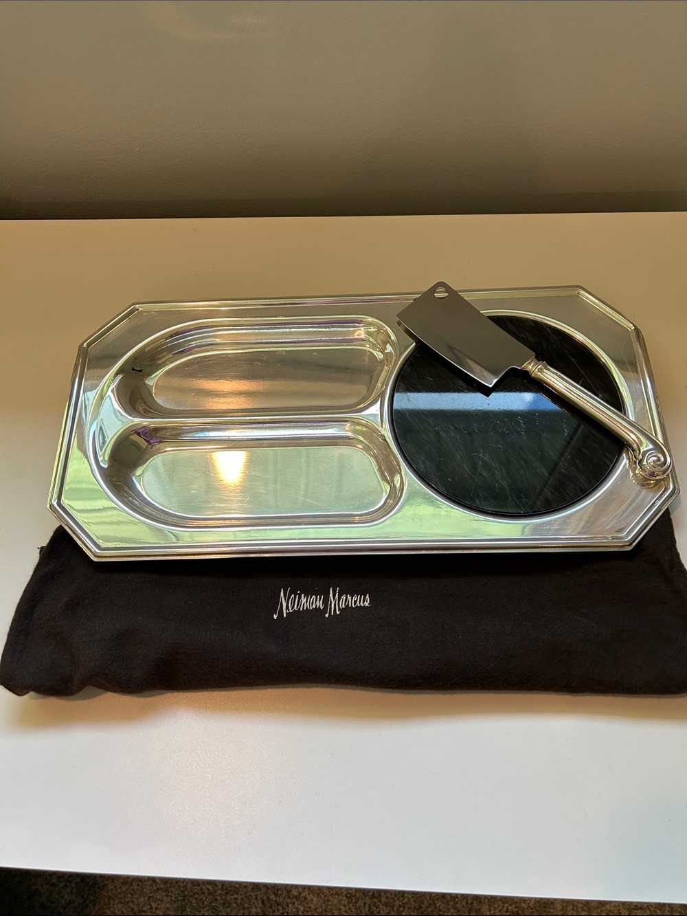 Silverplate Cheese Tray with Marble Insert and Cheese Slicer